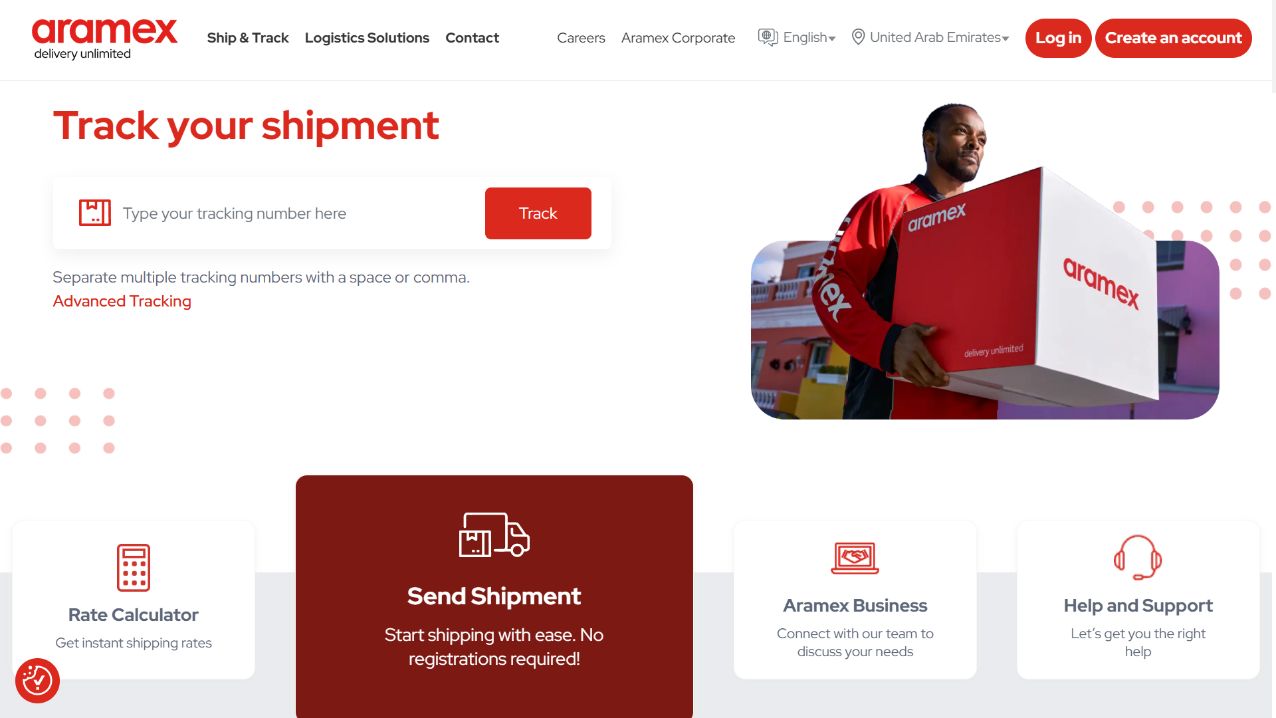 Screenshot: التتبع والشحن دون تسجيل على aramex.com.